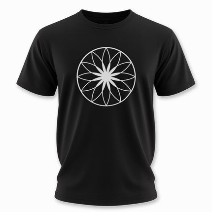 Sacred geometry lotus mandala graphic tee on a black spiritual t-shirt.