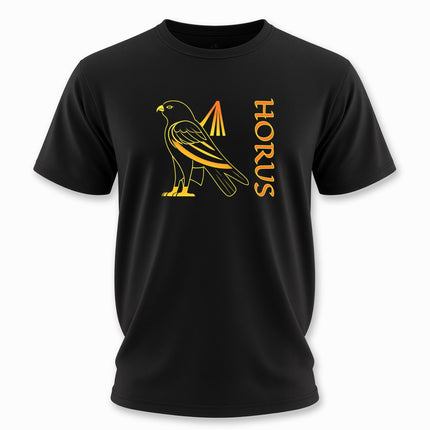 Golden Horus falcon graphic tee featuring the Egyptian god and name.