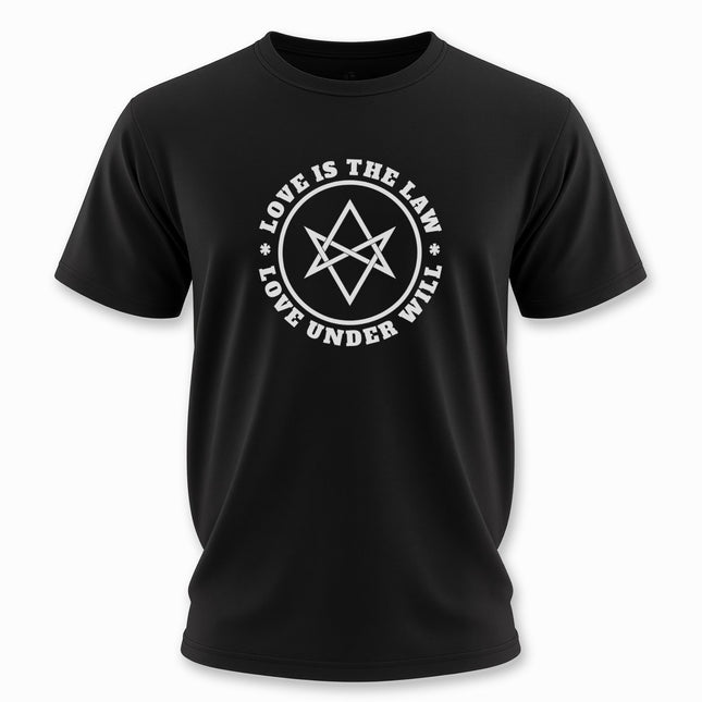 Thelema Love Under Will Text and Graphic T-Shirt | Unicursal Hexagram Tee V4