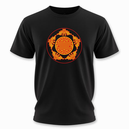 Chinese Five Blessings Longevity Bats T-Shirt | Red and Gold Shou Tee | V2