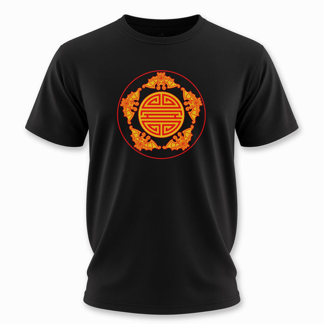 Chinese Five Blessings Longevity Bats T-Shirt | Red and Gold Shou Tee | V2