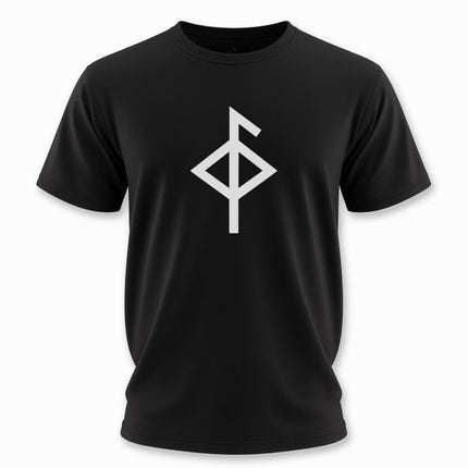 Black t-shirt featuring the white Othala rune. Norse mythology and protection symbol graphic tee.