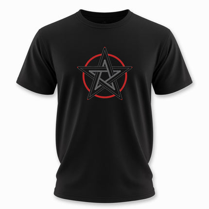 Black t-shirt featuring a red pentagram pentacle symbol for occult and pagan apparel.