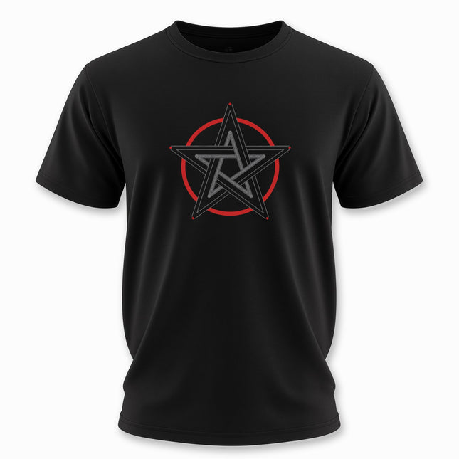 Black t-shirt featuring a red pentagram pentacle symbol for occult and pagan apparel.