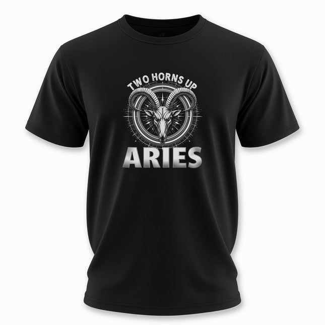 Aries Zodiac T-Shirt | Two Horns Up Graphic and Text Astrology Tee | V6
