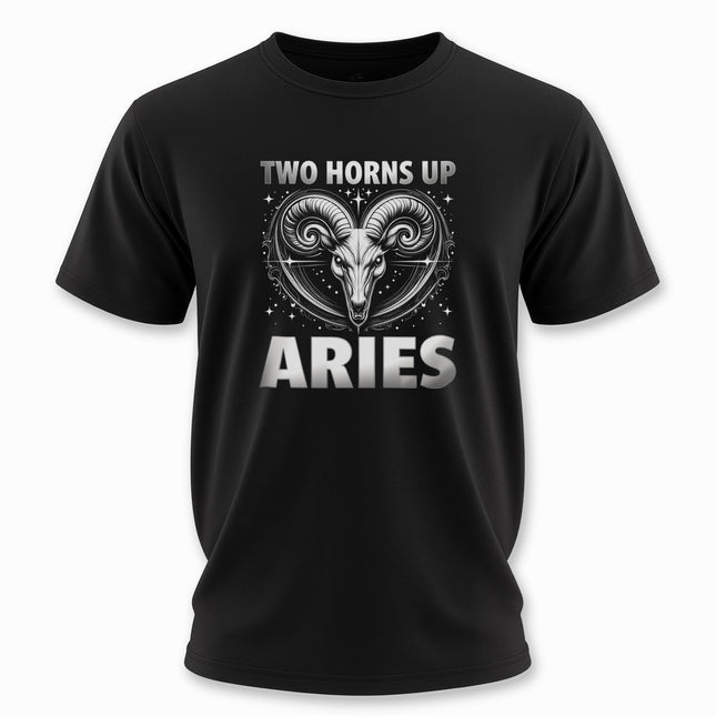 Aries Zodiac T-Shirt | Two Horns Up Astrology Graphic and Text Tee | V5