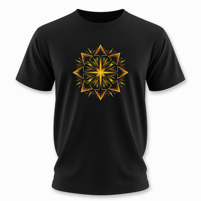 Black t-shirt featuring a fiery, geometric Chaos Star symbol. Esoteric occult magic design.