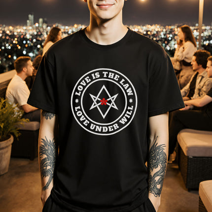Unicursal Hexagram T-Shirt | Crowley Love Is The Law Graphic and Text Tee | V2