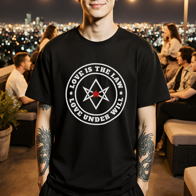 Unicursal Hexagram T-Shirt | Crowley Love Is The Law Graphic and Text Tee | V2