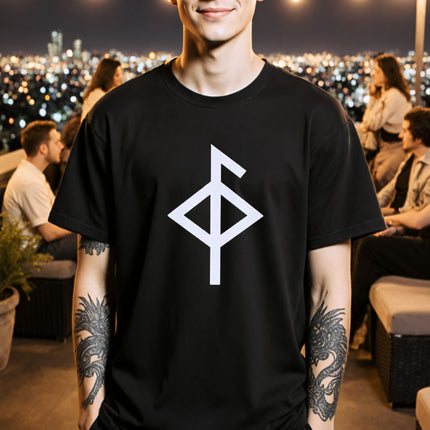 Black t-shirt featuring a white Norse rune symbol. Minimalist graphic tee for heritage wear.