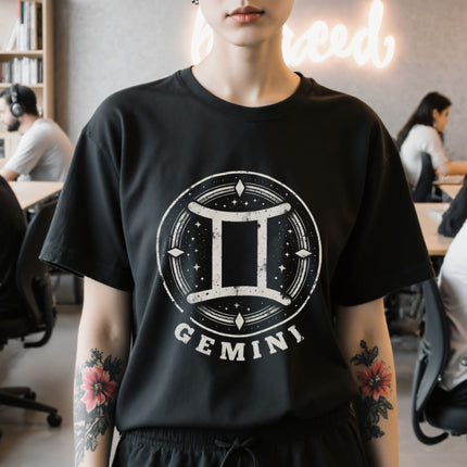 Gemini Zodiac Sign T-Shirt | Astrology Symbol Graphic and Text Tee | V4