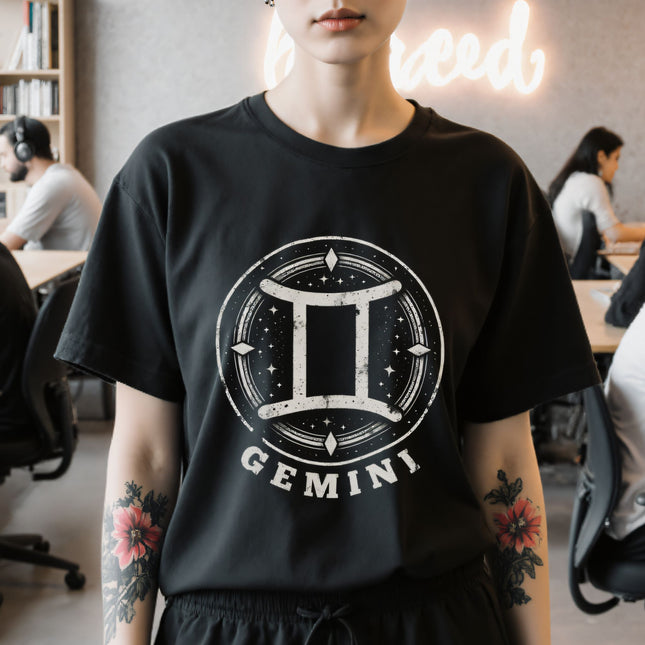 Gemini Zodiac Sign T-Shirt | Astrology Symbol Graphic and Text Tee | V4