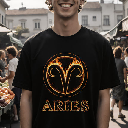 Aries Zodiac Fire Sign T-Shirt | Flaming Ram Horns | V21