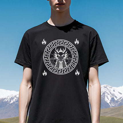 Fierce Chinese Dragon Border Flames T-Shirt | Unisex Graphic Tee V6