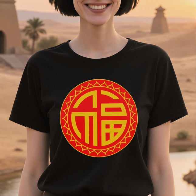 Chinese Fu Symbol T-Shirt | Red and Gold Good Fortune & Luck Unisex Tee | V2