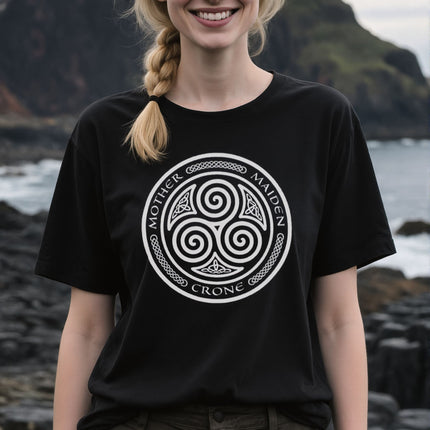 Celtic Mother Maiden Crone triskelion symbol graphic tee.
