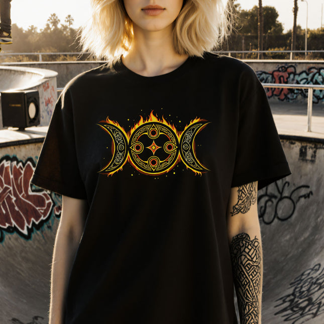 Celtic Triple Moon Goddess T-Shirt | Flaming Symbolic Design Tee | V1