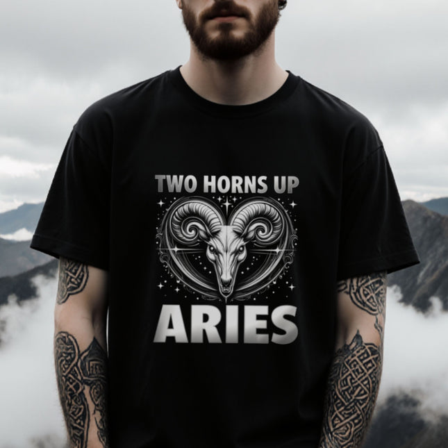 Aries Zodiac T-Shirt | Two Horns Up Astrology Graphic and Text Tee | V5
