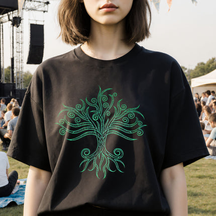 Green Celtic Tree of Life graphic on a black t-shirt, featuring the Yggdrasil world tree design.