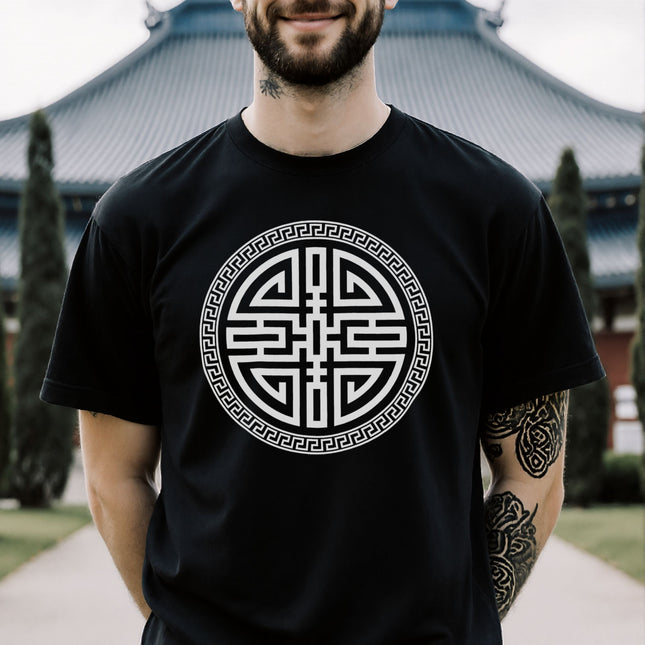 Chinese Shou Longevity Wealth T-Shirt With Traditional Border | V4