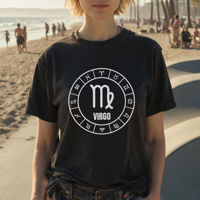 Virgo Zodiac Sign T-Shirt | Astrology Symbol Graphic and Text Unisex Tee | V1