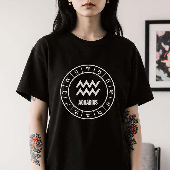 Aquarius Zodiac Sign T-Shirt | Astrology Symbol Text and Graphic Tee | V1