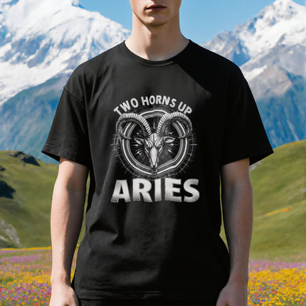 Aries Zodiac T-Shirt | Two Horns Up Graphic and Text Astrology Tee | V6