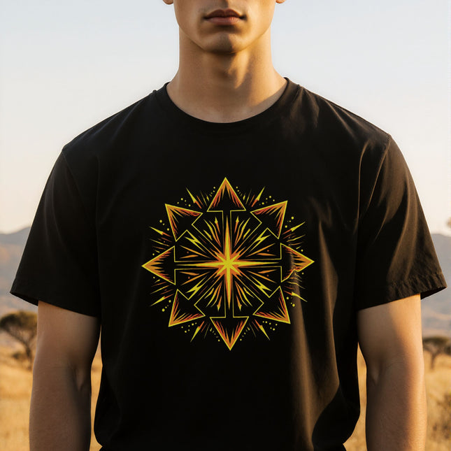 Chaos Star graphic tee featuring an esoteric, fiery geometric symbol.