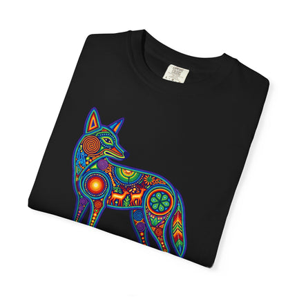 Huichol Coyote Art Tee - Colorful Indigenous Mexican Graphic T-Shirt