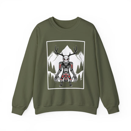 Cryptid Wendigo antler skull graphic with mountain forest background.