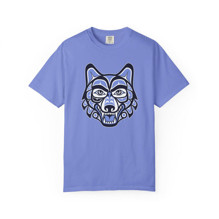 Haida Formline Art wolf head graphic on a light blue t-shirt.