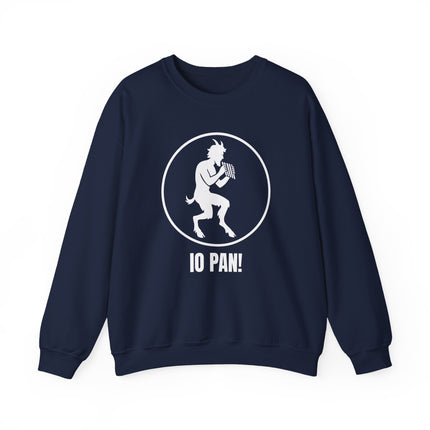 Pan satyr silhouette graphic with "IO PAN!" text on a navy sweatshirt.