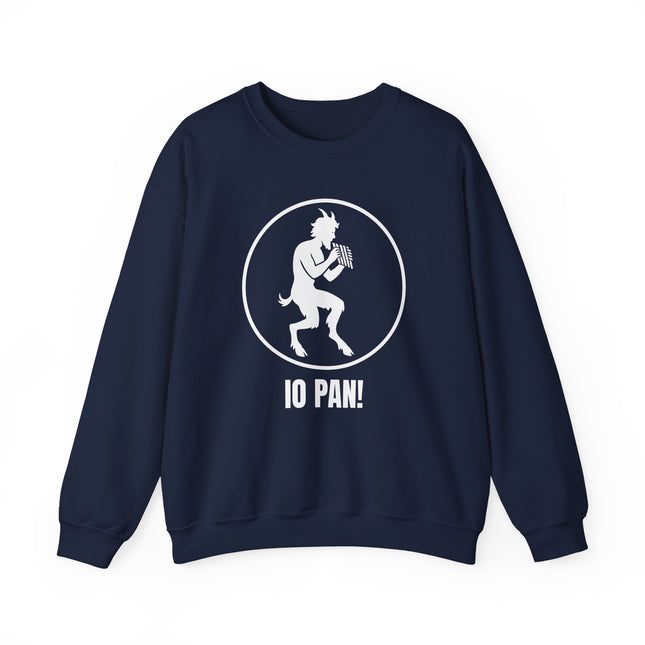 Pan satyr silhouette graphic with "IO PAN!" text on a navy sweatshirt.