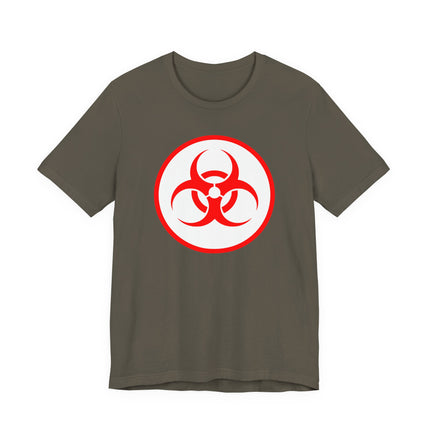 Red biohazard symbol graphic on a brown unisex t-shirt.