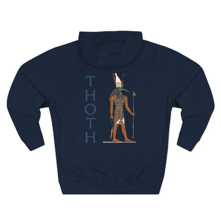 Thoth, the Egyptian god, graphic print on a navy blue pullover hoodie.