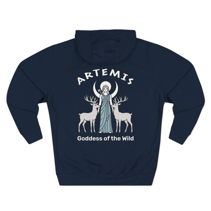 Artemis goddess print featuring deer, crescent moon, and "Goddess of the Wild" mythology design.