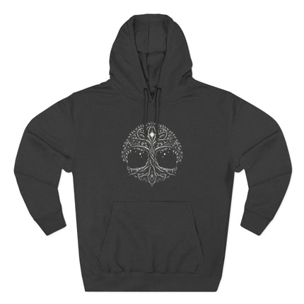 Intricate Celtic Tree of Life hoodie featuring a mystical world tree and skull graphic.