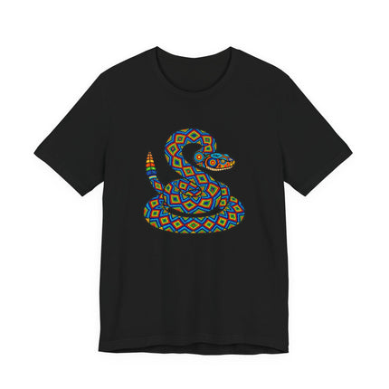 Geometric rattlesnake design in vibrant Mexican Huichol folk art style on a black t-shirt.