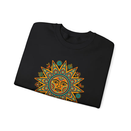 Vibrant Huichol Sun Symbol graphic pullover sweatshirt design featuring indigenous art.