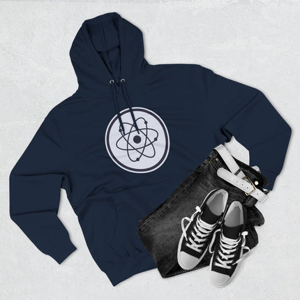 Navy hoodie featuring a white graphic of a stylized atom symbol, perfect for science and physics enthusiasts.