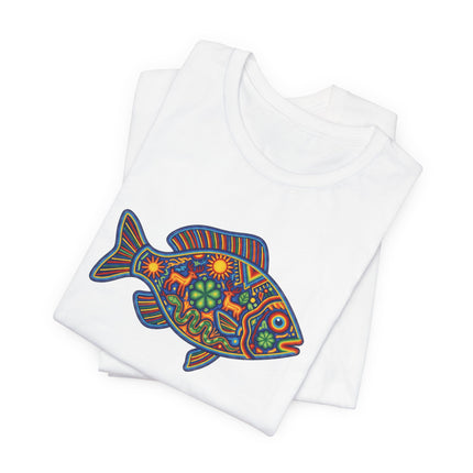 Vibrant Mexican folk art fish graphic featuring Huichol style symbolism on a white tee.