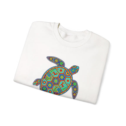 Mexican Huichol style pullover featuring colorful geometric turtle art and folk patterns.