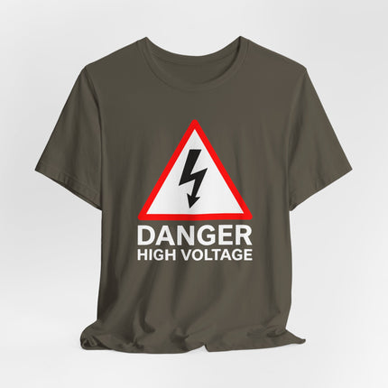 Danger High Voltage warning sign graphic tee featuring a lightning bolt for electricians and safety wear.