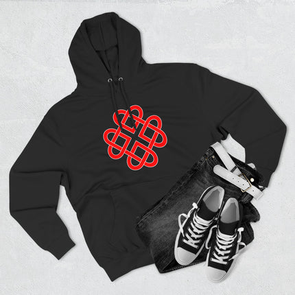 Red Celtic knot symbol graphic on a black unisex pullover hoodie.