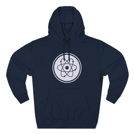 Atom symbol graphic on a navy blue science physics hoodie.
