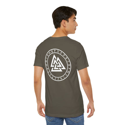 Norse Valknut Runic Back Print T-Shirt | Elder Futhark Rune Circle Viking Tee