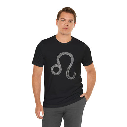 Black t-shirt featuring an intricate, tattoo-style Leo zodiac symbol graphic for astrology fans.