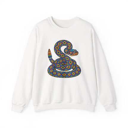 Colorful geometric rattlesnake design on a white sweatshirt, featuring Huichol tribal art.
