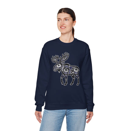 Indigenous moose formline art graphic on a unisex Northwest Coast style pullover sweatshirt.