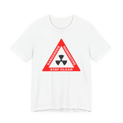 Radioactive hazard warning t-shirt featuring a red triangle, nuclear symbol, and "Stay Clear" text.